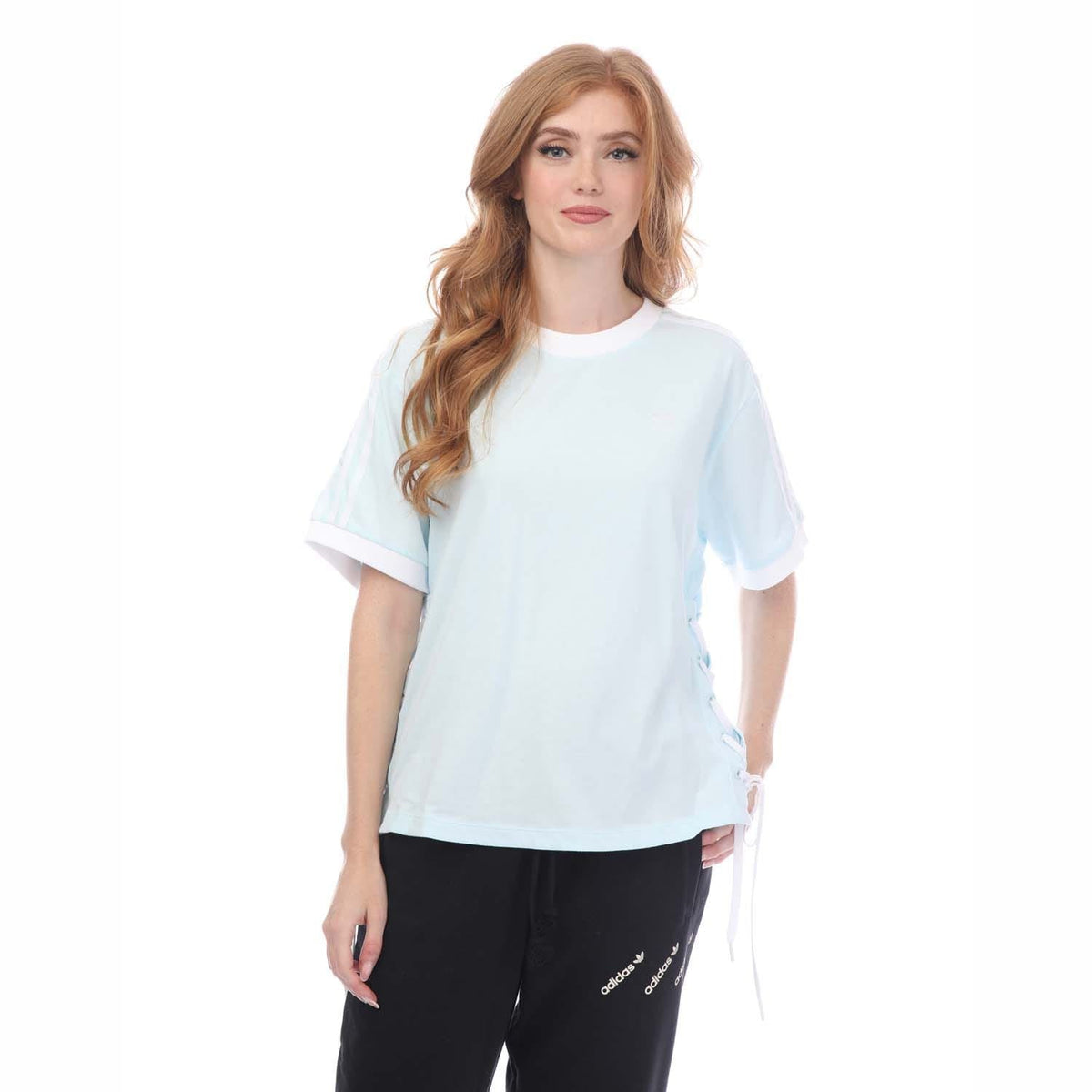 Light blue crew-neck T-shirt with side lace-up detail and short sleeves, plus size