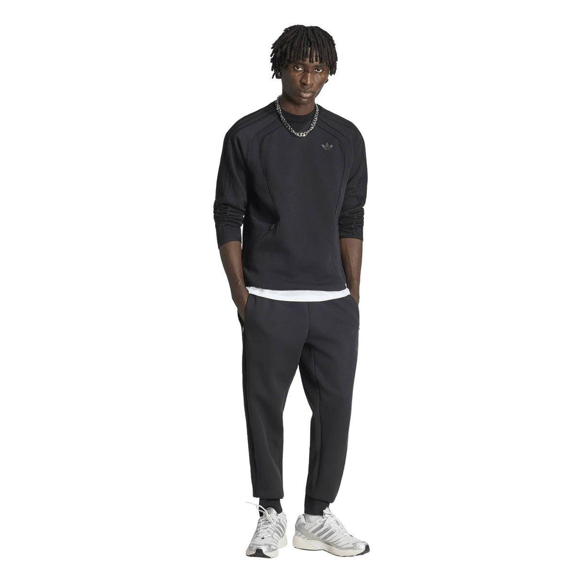 Black adidas Originals crew-neck sweater with long sleeves and small chest trefoil