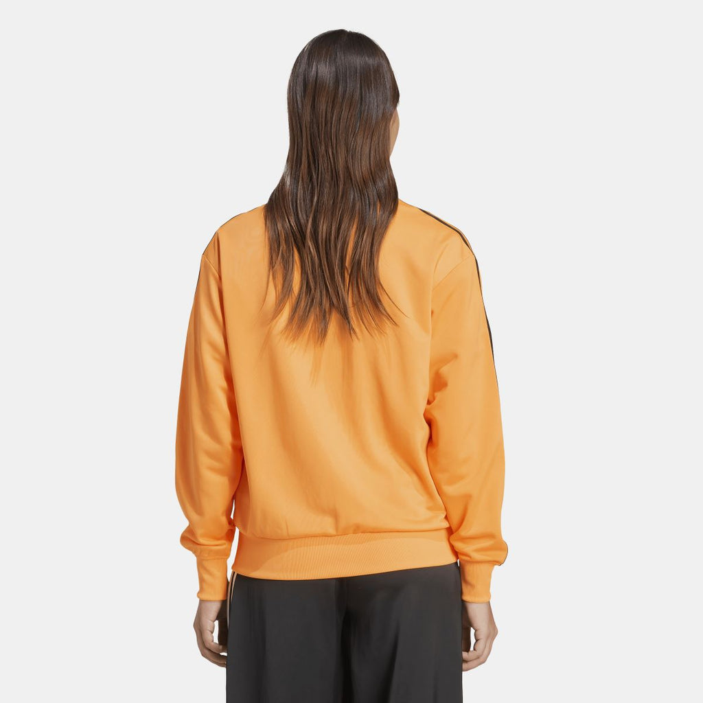 Orange track jacket from the back view with black-striped sleeve accents