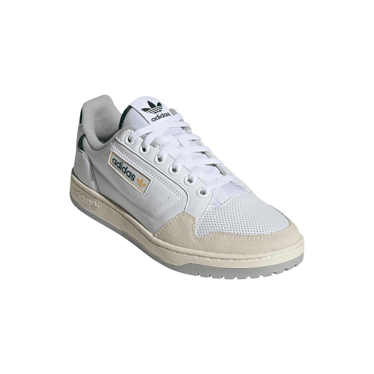 White adidas Originals trainers with tan suede panel, green accents, gold badge and laces
