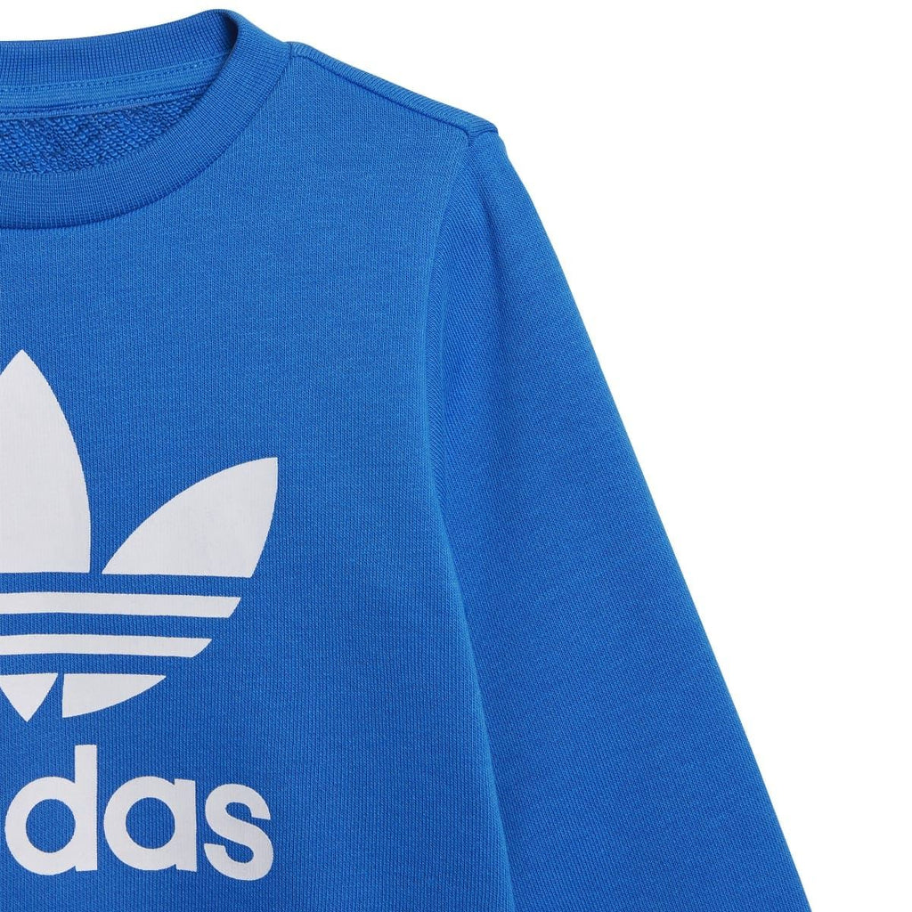 Infant blue crew sweatshirt with large white adidas logo graphic on front