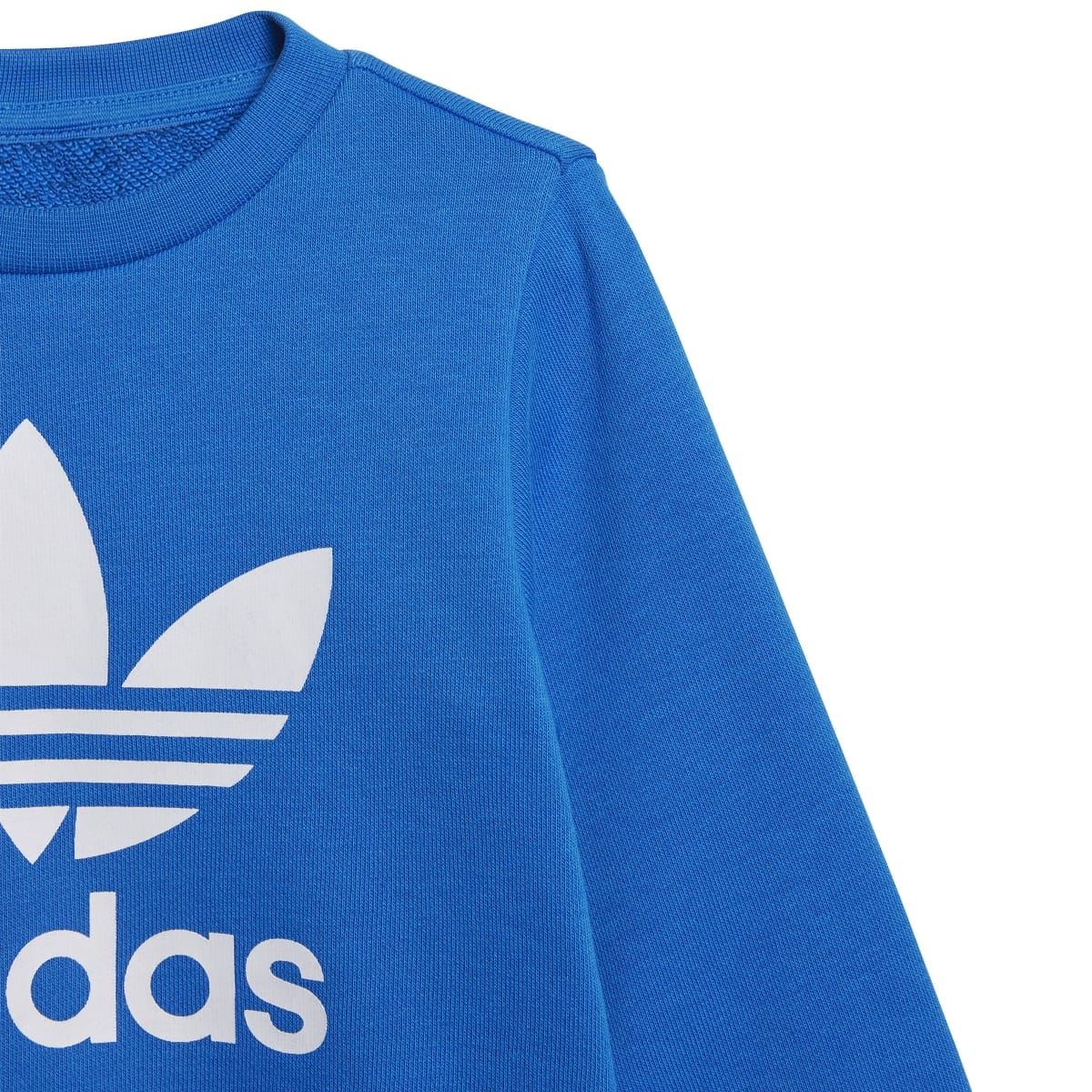 Infant blue crew sweatshirt with large white adidas logo graphic on front