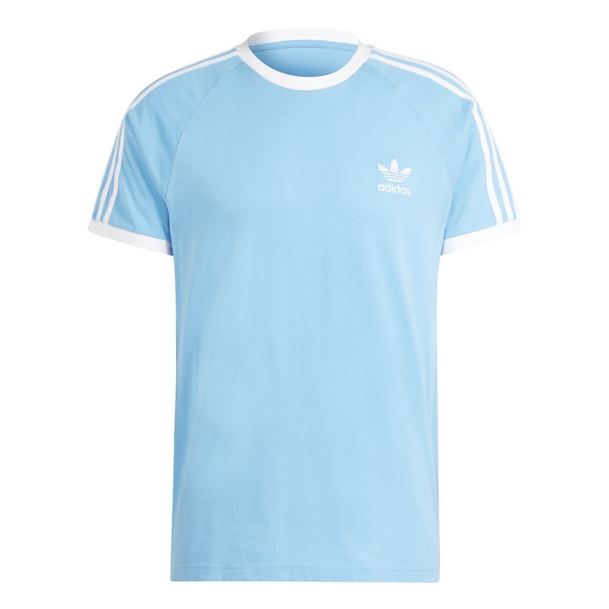 Light blue adidas T-shirt with white crew neck, three-stripe sleeves, chest logo