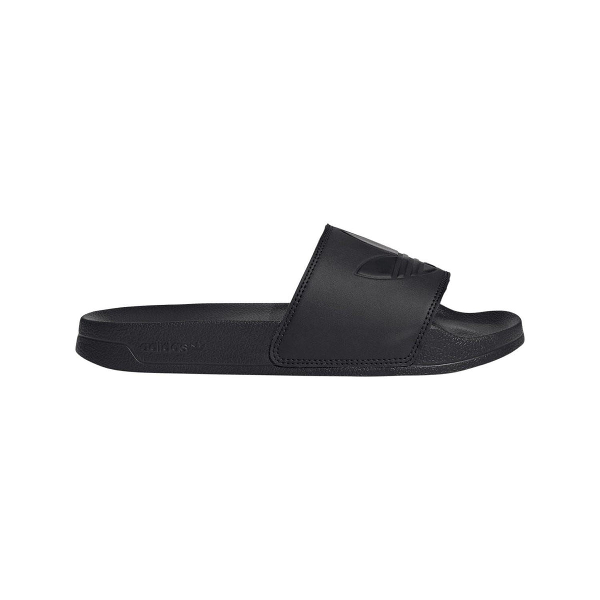 Black slide sandals with wide strap and cushioned footbed