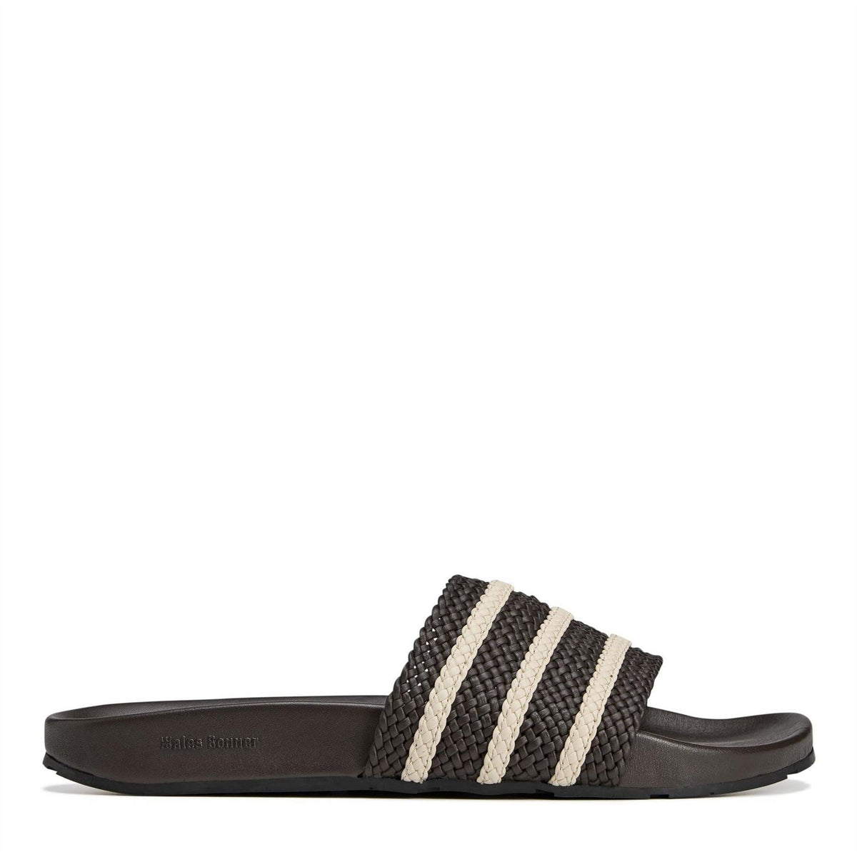 Dark brown adidas adilette slide with woven top strap and cream triple stripes