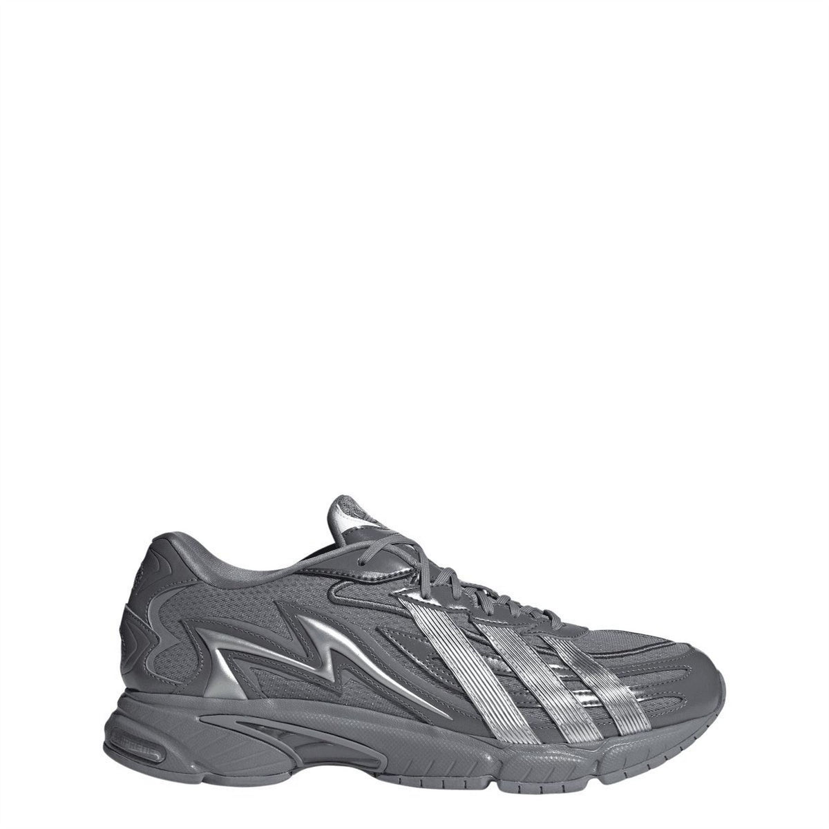 Grey adidas Originals trainers, lace-up front with three stripes and textured midsole