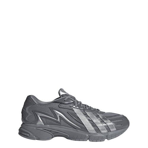 Grey adidas Originals trainers, lace-up front with three stripes and textured midsole