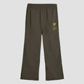 Chocolate track pants with elastic waist, green side stripes, yellow logo patch