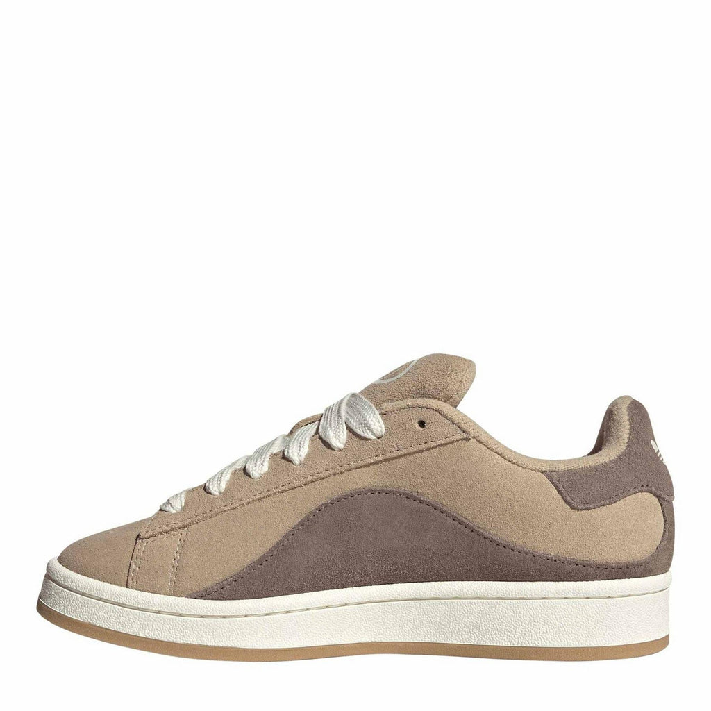Beige and brown low-top trainers with white laces and side three-stripe detail