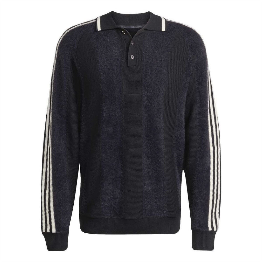 Black collared raglan sleeve sweater with three white side stripe bands on sleeves