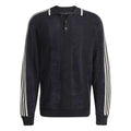Black collared raglan sleeve sweater with three white side stripe bands on sleeves