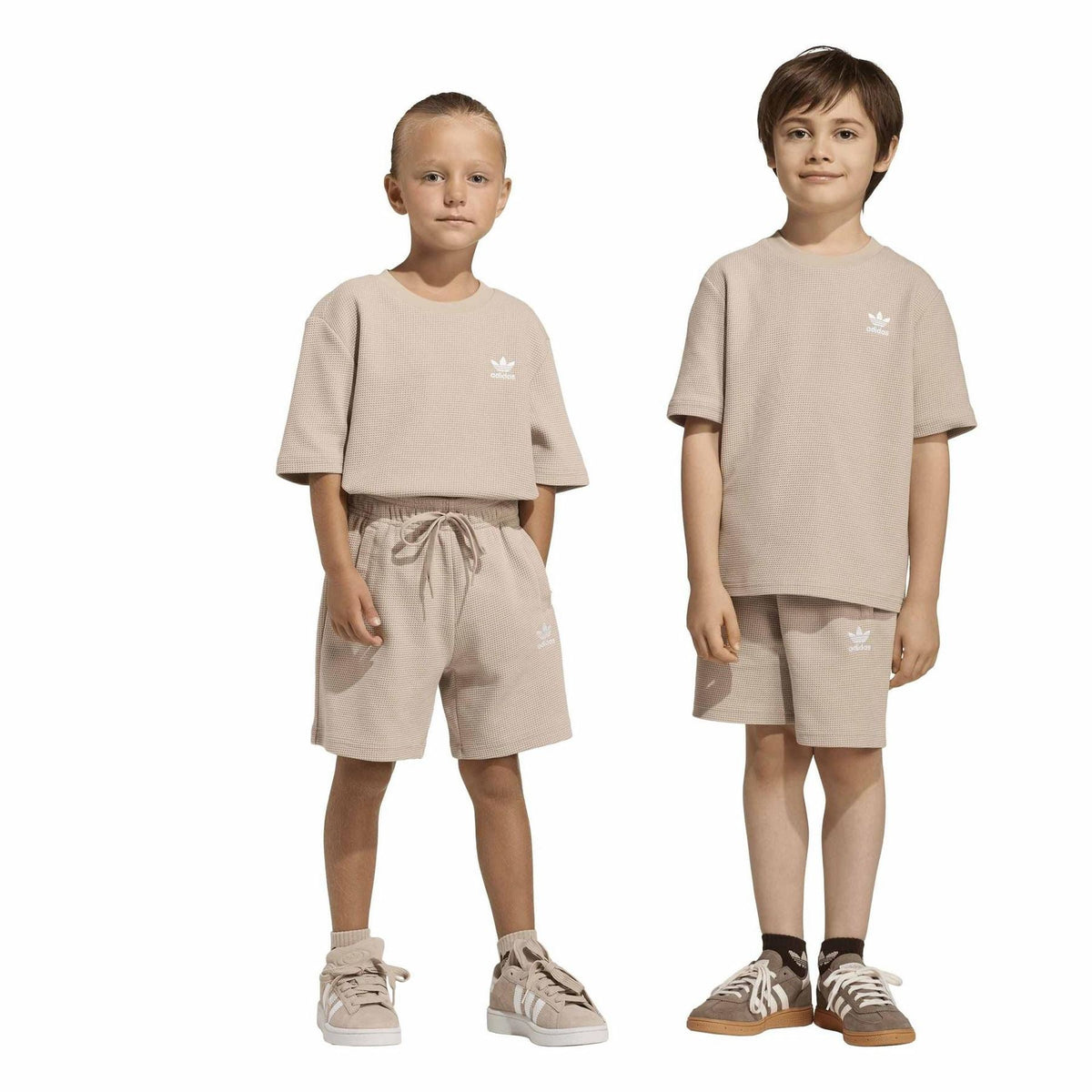 Infants' stone khaki t-shirt and drawstring shorts set with adidas trefoil logo.