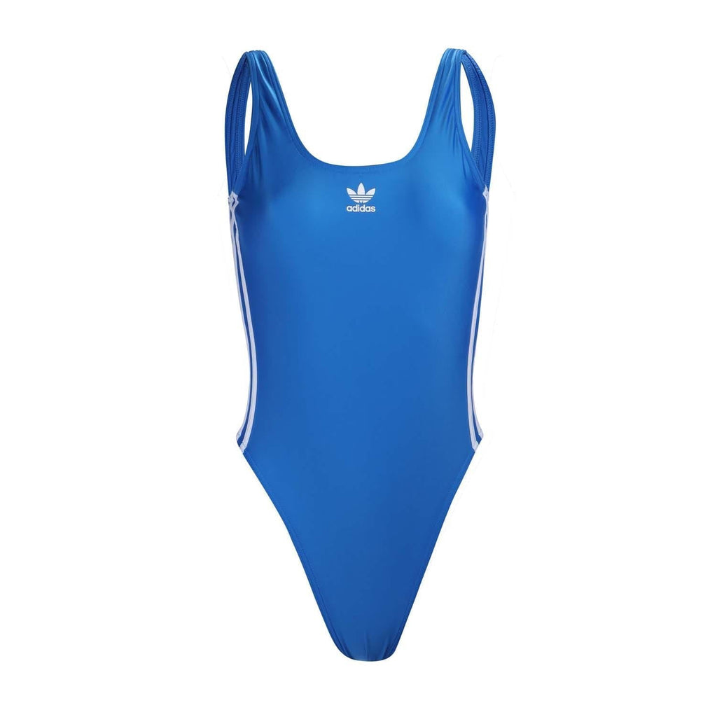 Blue one-piece swimsuit with adidas Originals logo and side 3-stripe detail