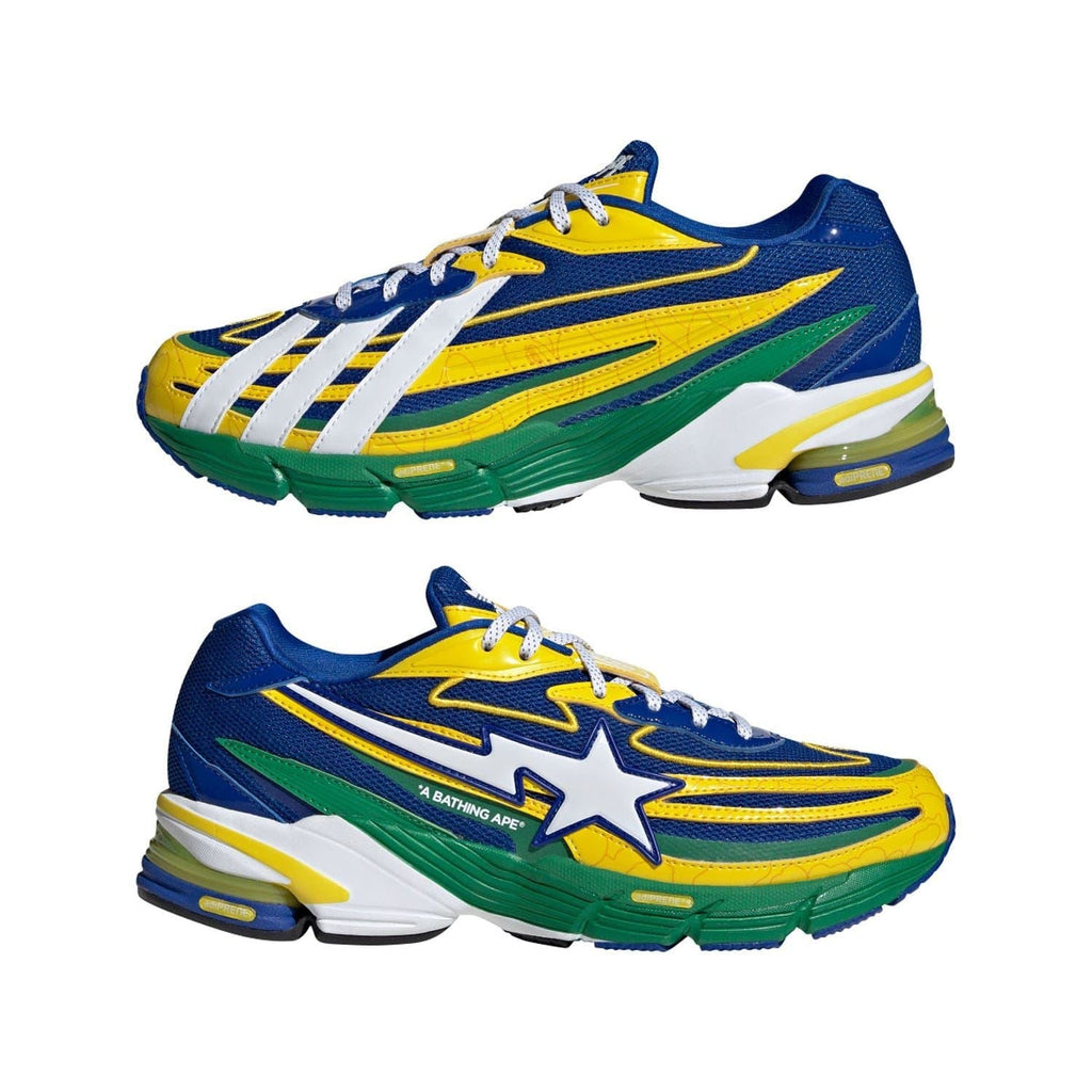 Pair of blue, yellow, and green trainers with star emblem, white laces, thick sole