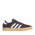 Black suede skate trainers with three white adidas stripes and gum rubber sole