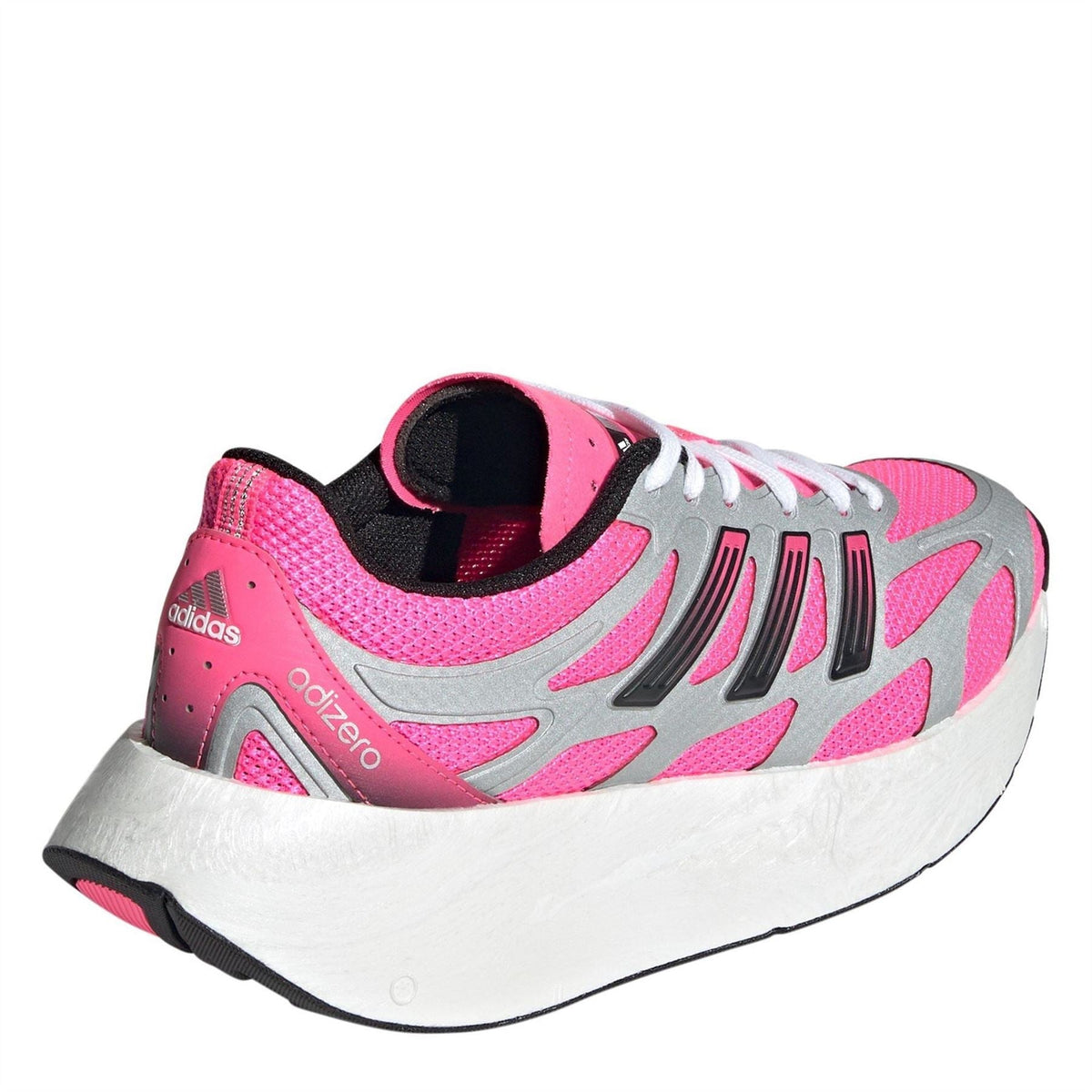 adidas running shoe heel and side, lucid pink tongue and lining, white laces, light sole