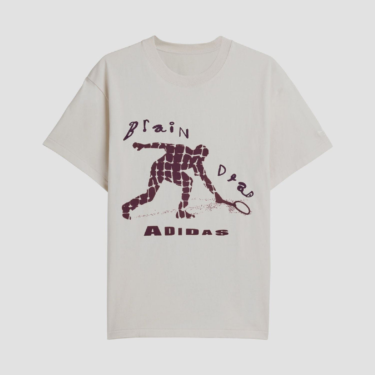 Cream graphic T-shirt with purple Brain Dead Adidas text and robot print