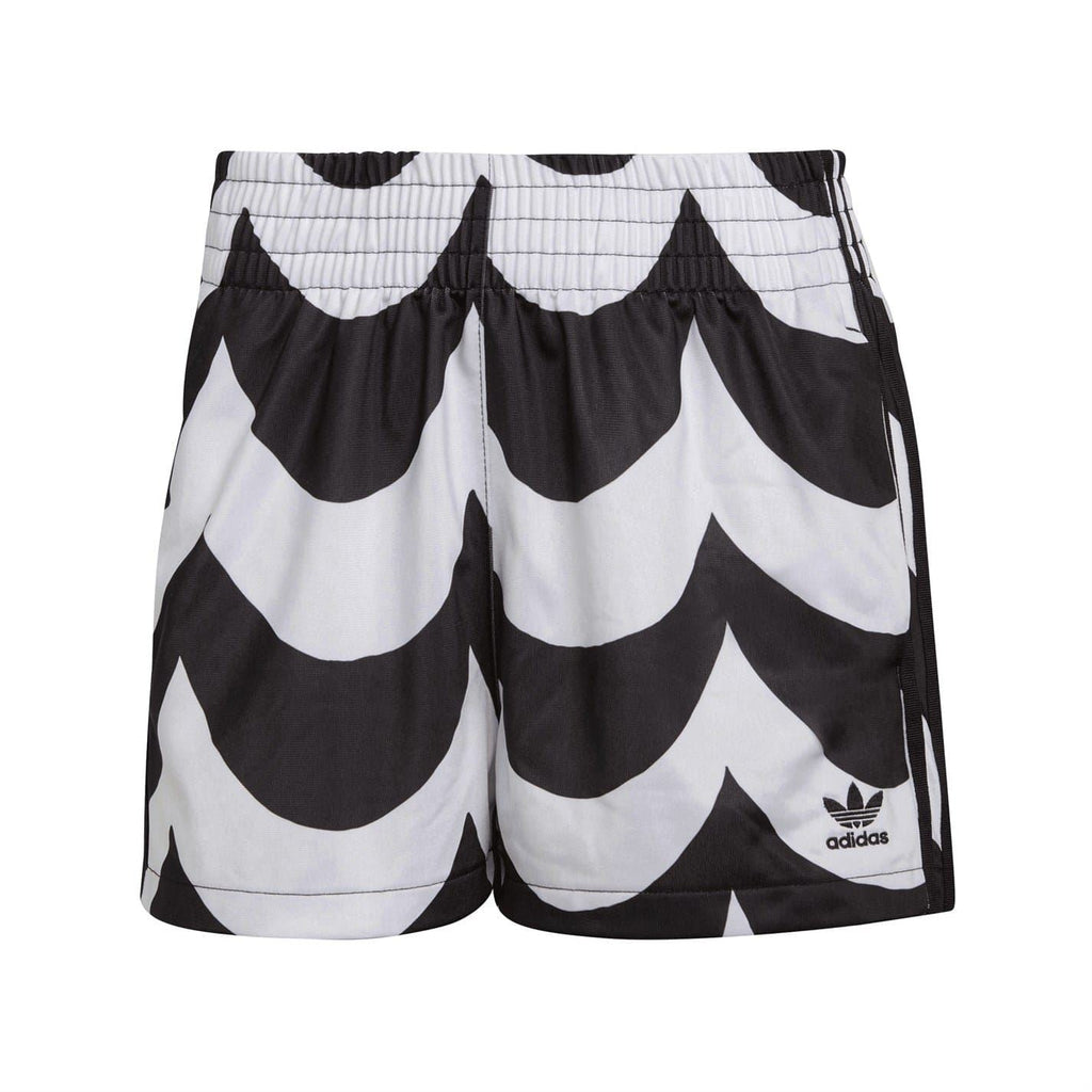 Black and white patterned adidas training athletic shorts with elastic waistband