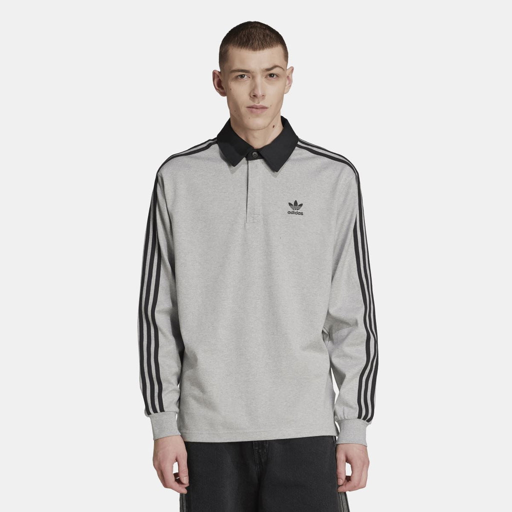 Grey long-sleeve rugby polo shirt with black collar and adidas logo on left chest