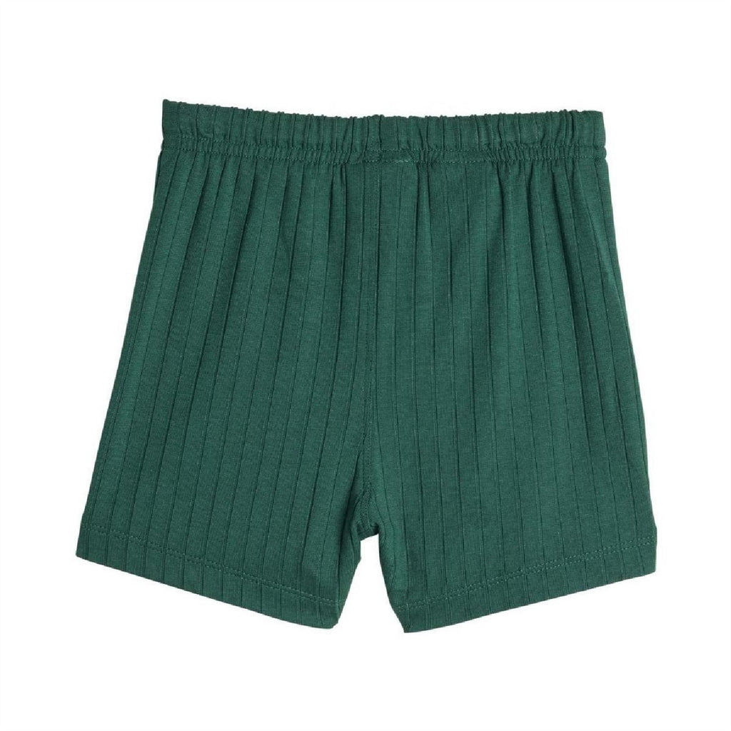 Green ribbed infants shorts with elastic waist and stitched hem