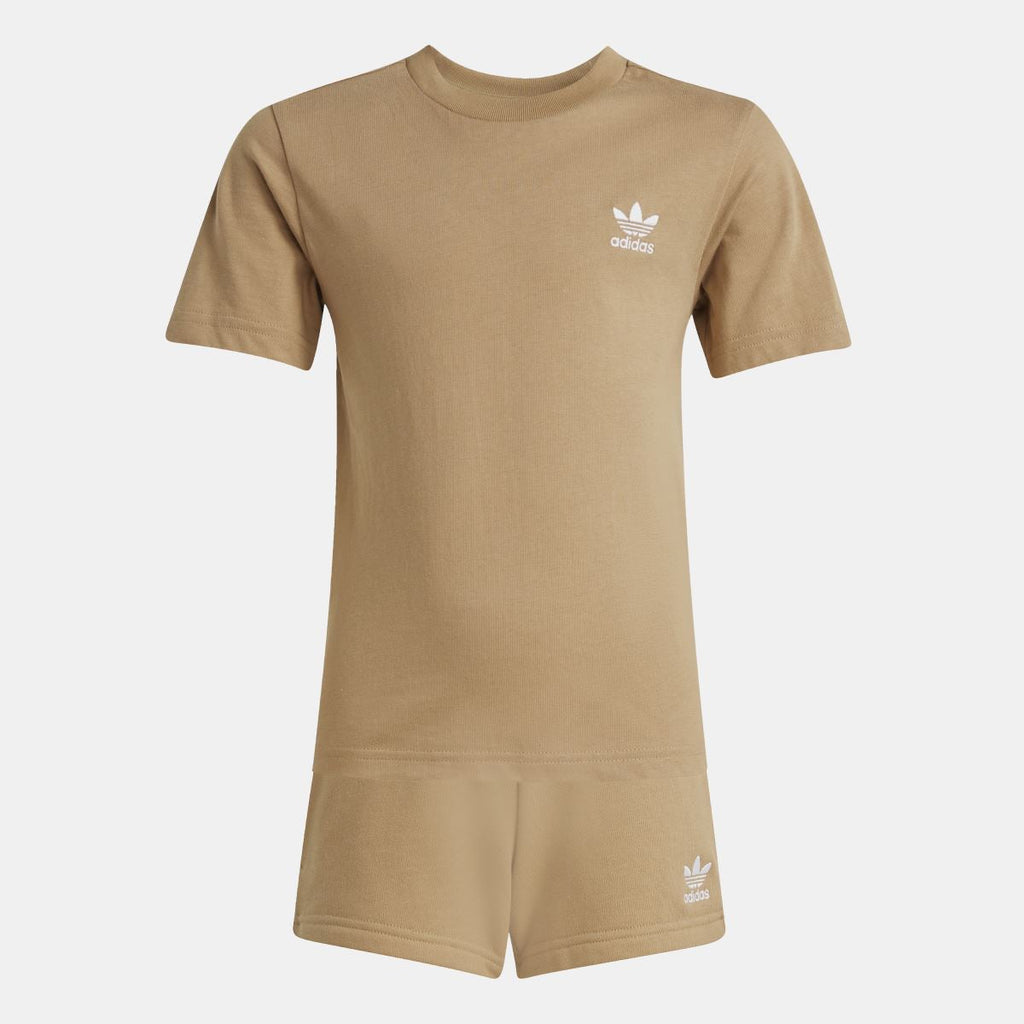 Tan adidas juniors T-shirt and shorts set, centered front view; chest and hem logos