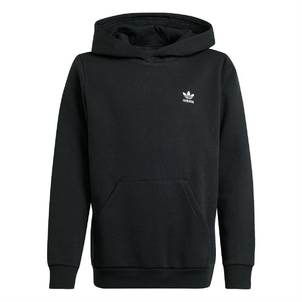 Black juniors pullover hoodie with hood, kangaroo pocket, and small adidas logo