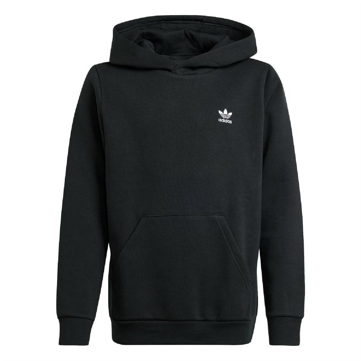 Black juniors pullover hoodie with hood, kangaroo pocket, and small adidas logo