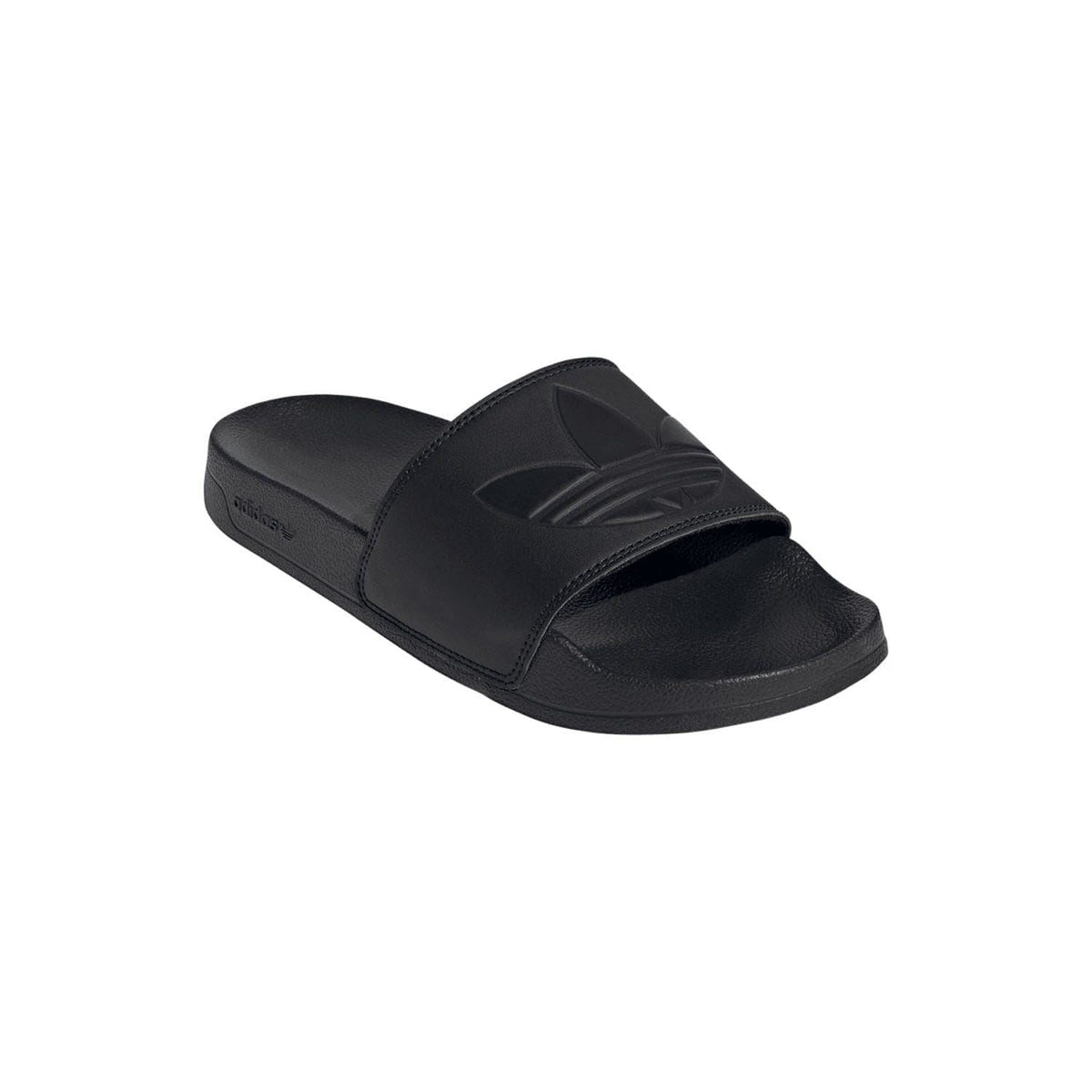 Black open-toe slide sandals with molded strap and smooth upper