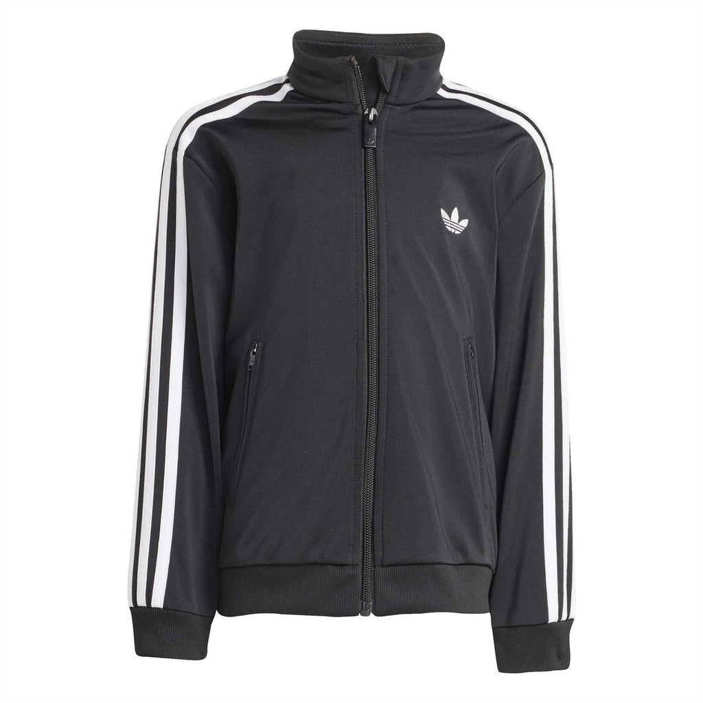 Kids adidas Firebird track jacket close-up, black with white triple sleeve stripes and zip