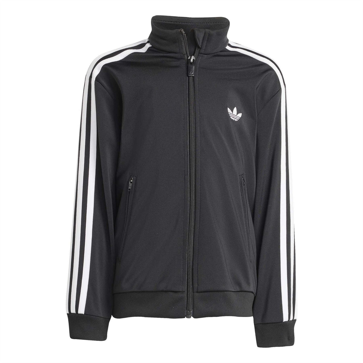 Kids adidas Firebird track jacket close-up, black with white triple sleeve stripes and zip