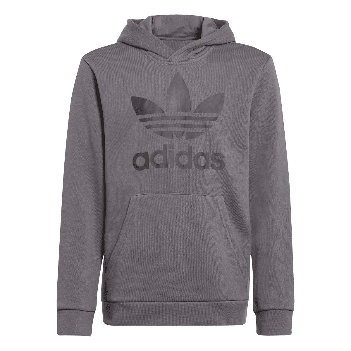Grey junior pullover hoodie with adidas Trefoil logo, kangaroo pocket and hood drawstrings
