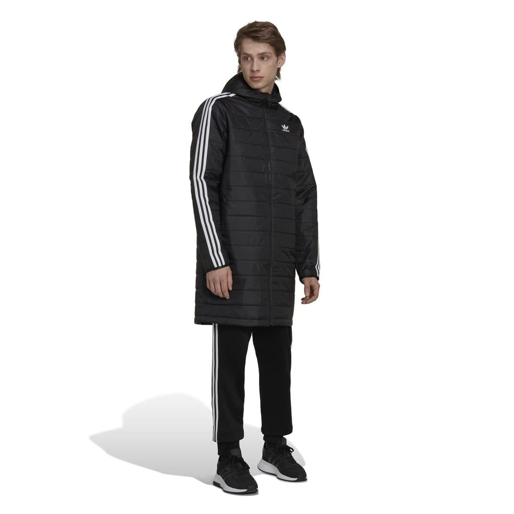 Black padded coat set with hood and white side stripes; full-zip front and tapered pants.