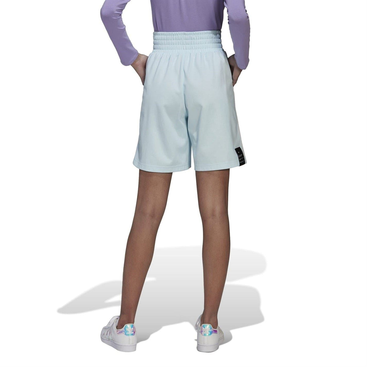 Light blue Adidas Originals shorts with elastic waistband and side trefoil logo detail