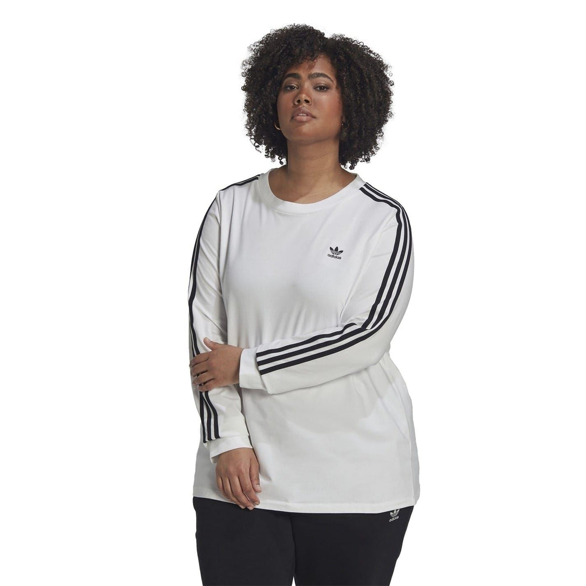 adidas Originals long sleeve top with 3 stripes, casual athletic wear, navy blue color, made from soft fabric, front view