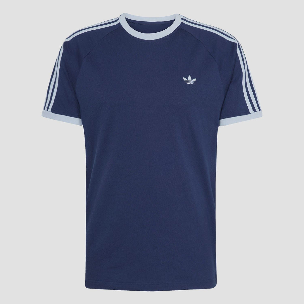 Indigo adidas Originals crew-neck T-shirt with white shoulder stripes and chest logo