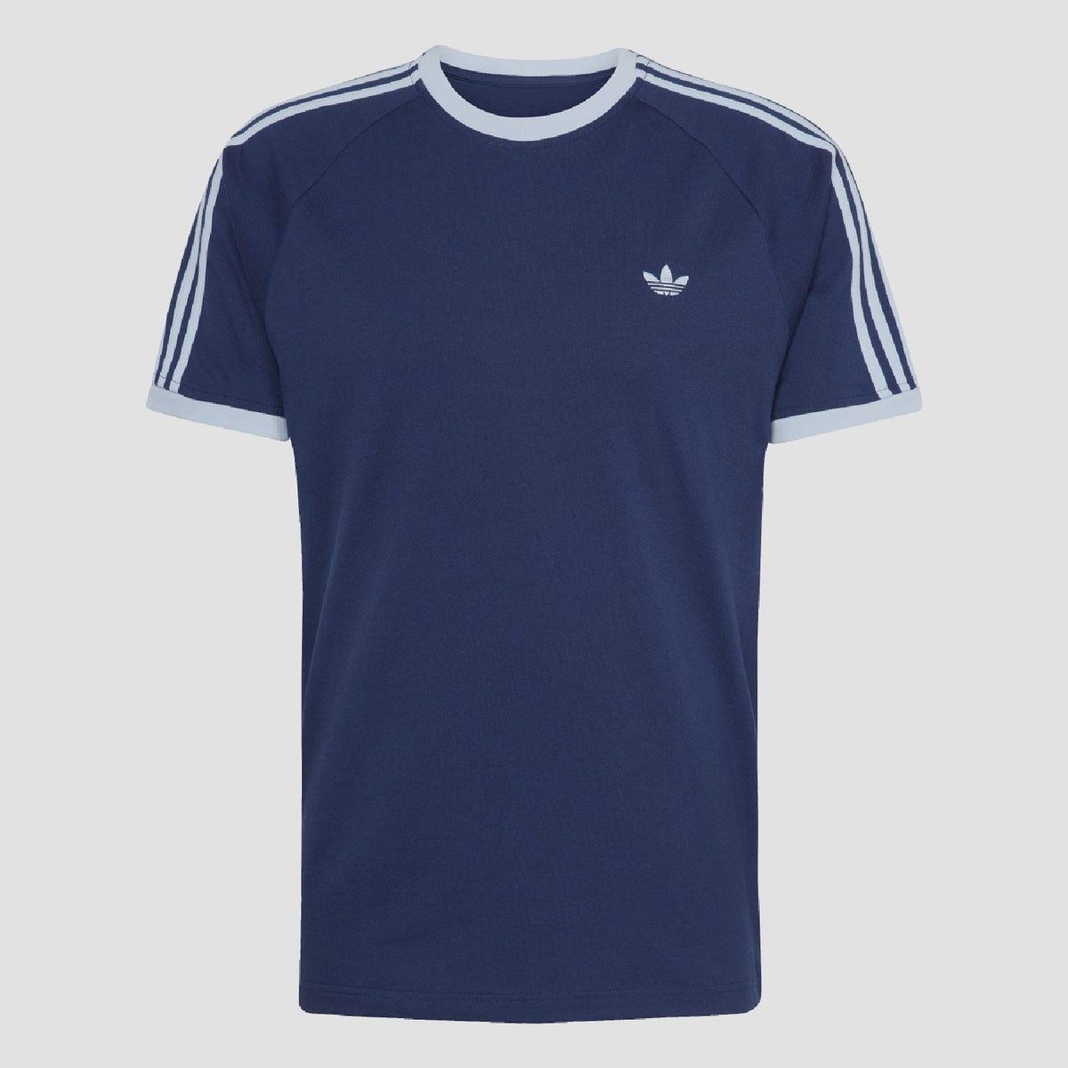 Indigo adidas Originals crew-neck T-shirt with white shoulder stripes and chest logo