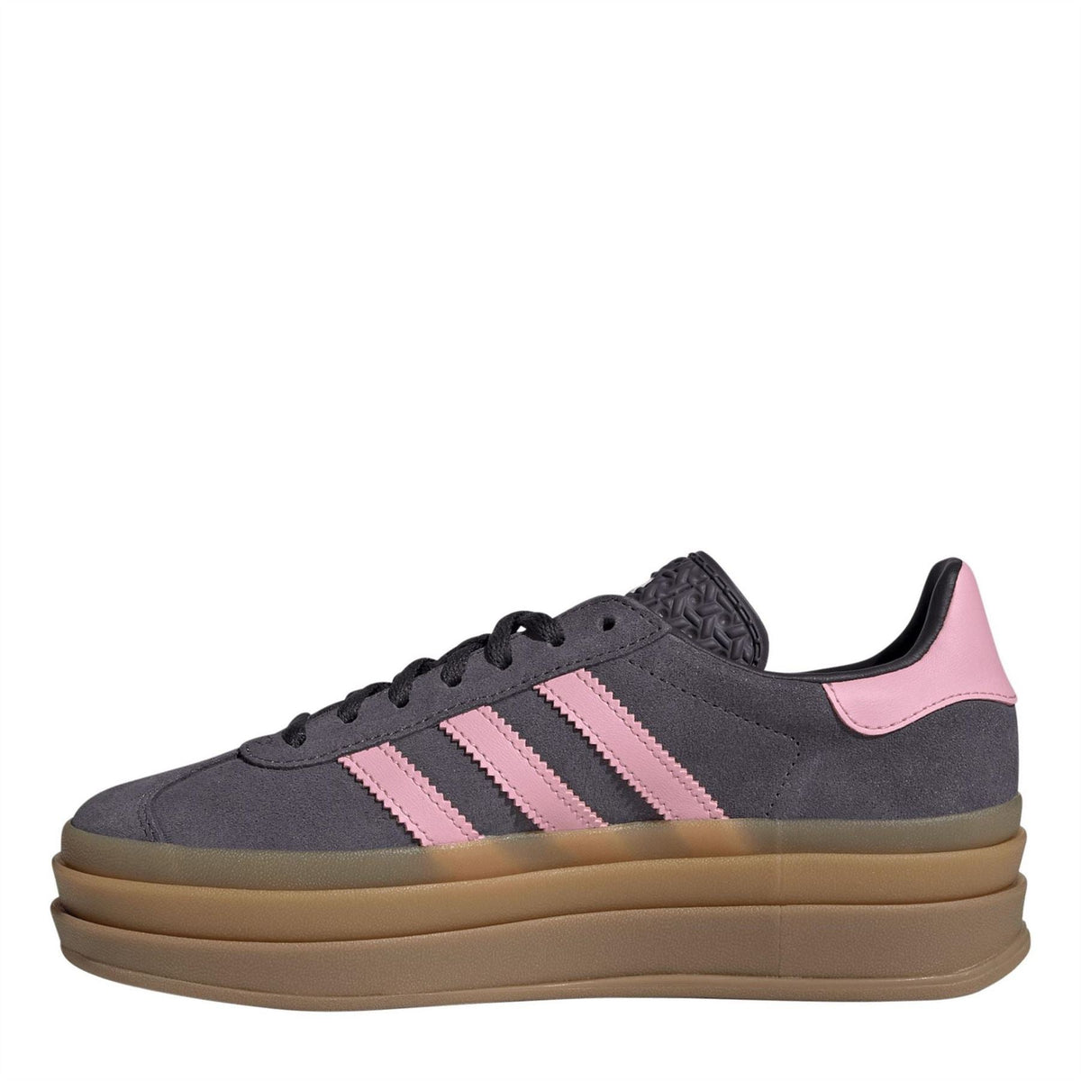 Dark gray suede Gazelle Bold low-top sneakers with pink three stripes and tan sole