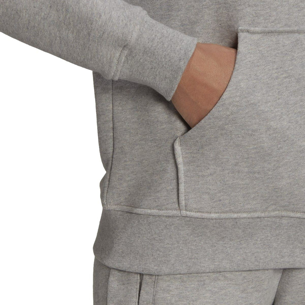 Grey heather hoodie sleeve and kangaroo pocket detail with ribbed hem