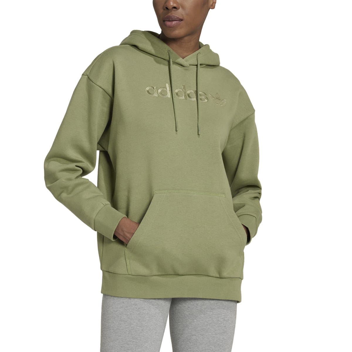 Green adidas Originals pullover hoody with drawstring hood, front logo, kangaroo pocket