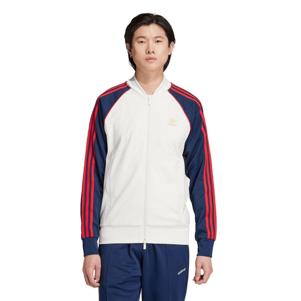 adidas Originals track jacket in white with navy and red triple stripe sleeves