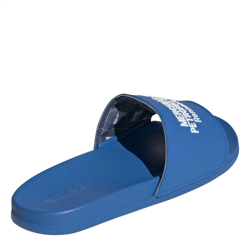 Blue slide sandal with open toe and perforated strap, 'MERCEDES PETRONAS' text