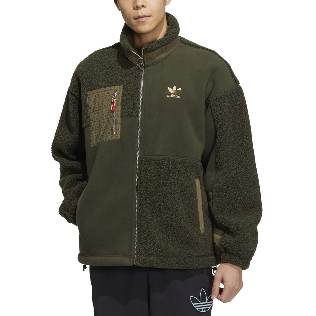 Olive green Sherpa full-zip jacket with high collar, Adidas logo, front zip, fleece panels
