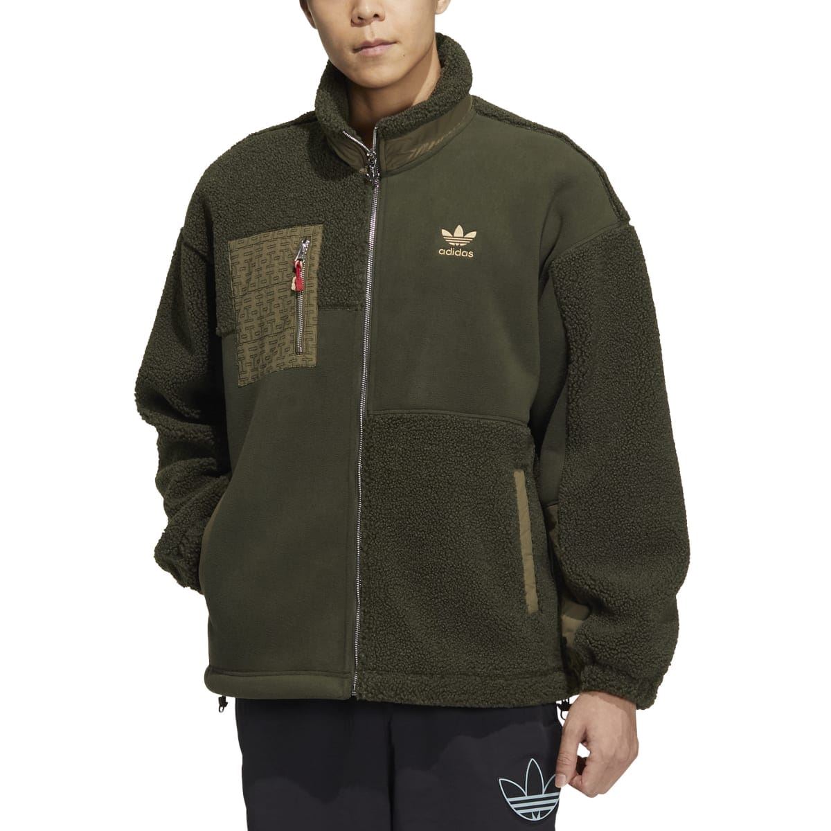 Olive green Sherpa full-zip jacket with high collar, Adidas logo, front zip, fleece panels