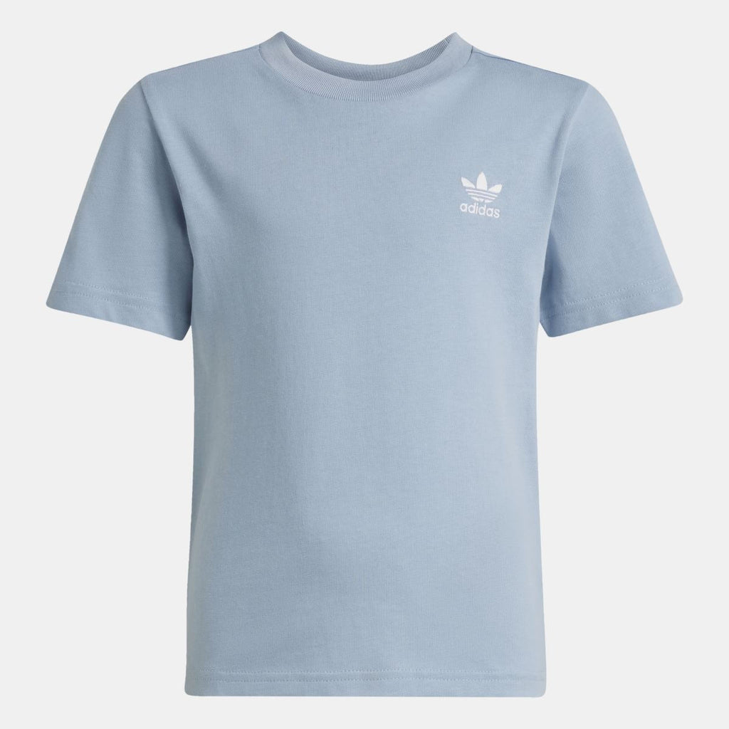 Light blue adidas crew-neck T-shirt with small chest logo; matching shorts hem.