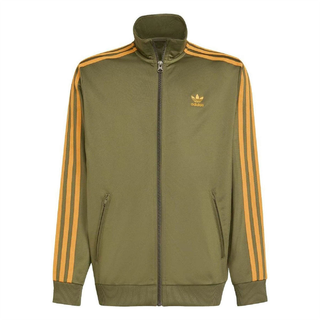adidas junior athletic zip-up top, olive green with yellow-orange side stripes and high neck