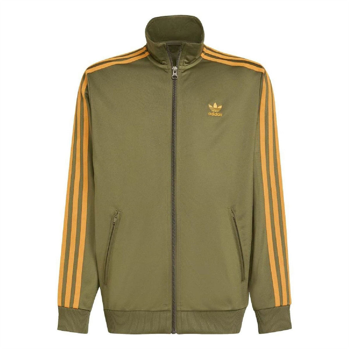 adidas junior athletic zip-up top, olive green with yellow-orange side stripes and high neck