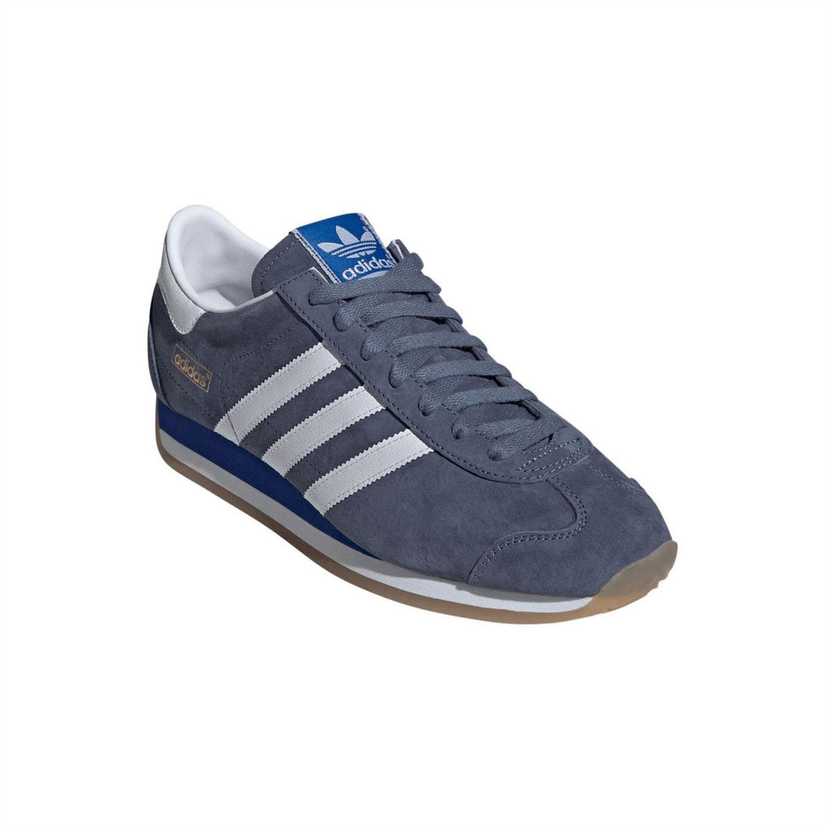 Navy adidas Originals Japan trainers, front-left angle with white triple stripe detail
