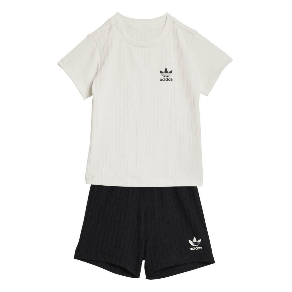 Infants' ribbed T-shirt and shorts set, white tee and black shorts with adidas logos