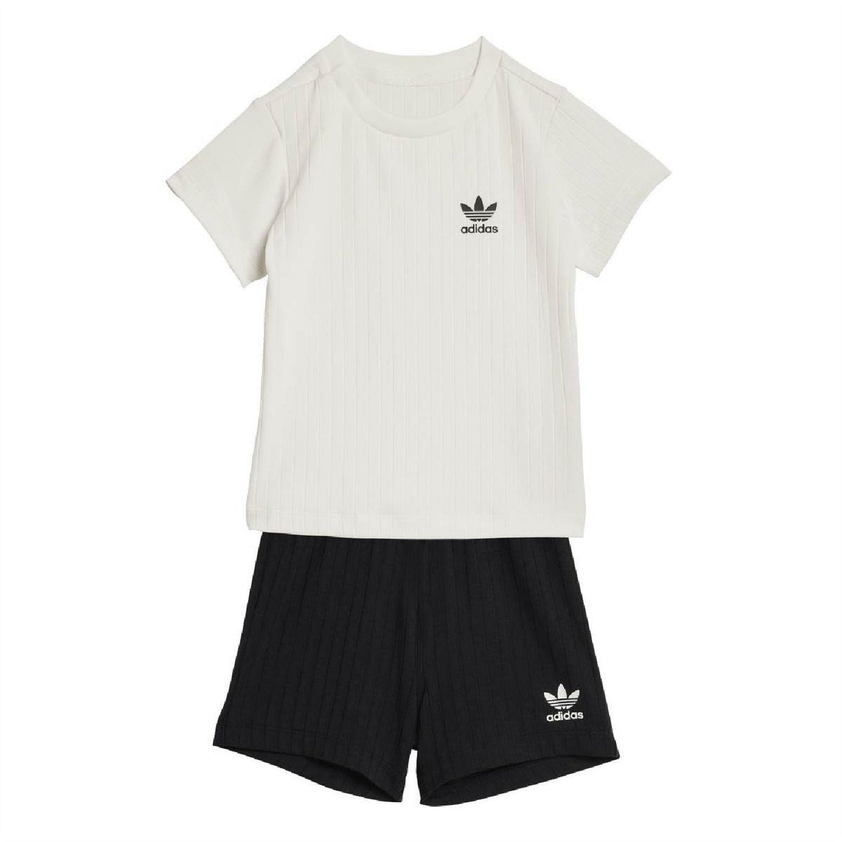 Infants' ribbed T-shirt and shorts set, white tee and black shorts with adidas logos