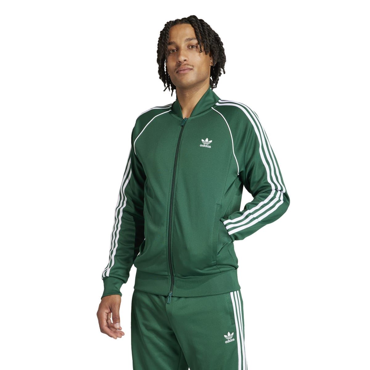 Green adidas track top on model with stand collar, full zip front, and white sleeve stripes